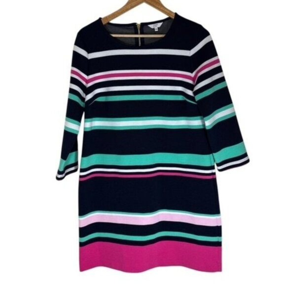Crown & Ivy Womens Navy Pink Teal Striped 3/4 Sleeve Shift Dress Size M